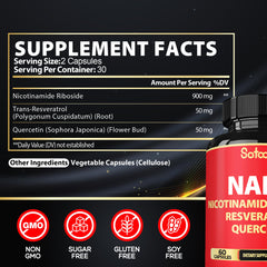 Close-up of 3-in-1 NAD NR ingredients: Nicotinamide Riboside, Resveratrol, Quercetin