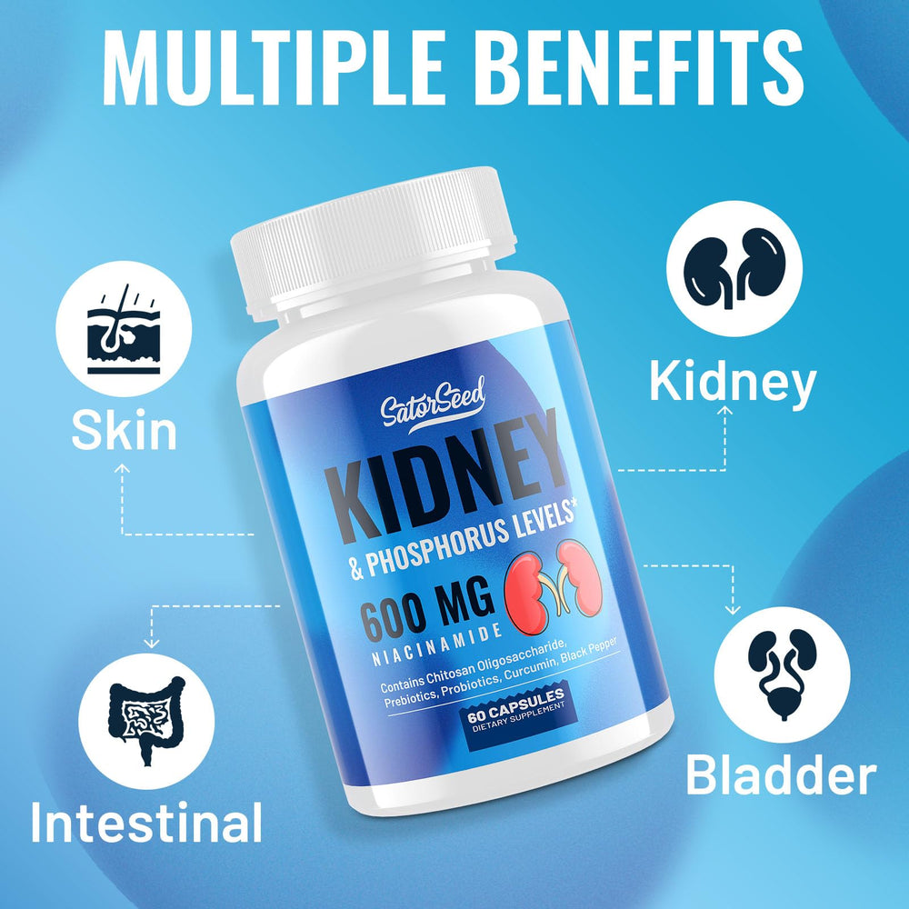 SatorSeed Kidney Cleanse capsules closeup emphasizes Niacinamide and absorption-friendly blend