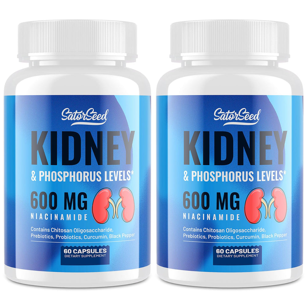 SatorSeed kidney-support bottle highlights phosphorus-conscious formula for daily wellness and easy supplementation.