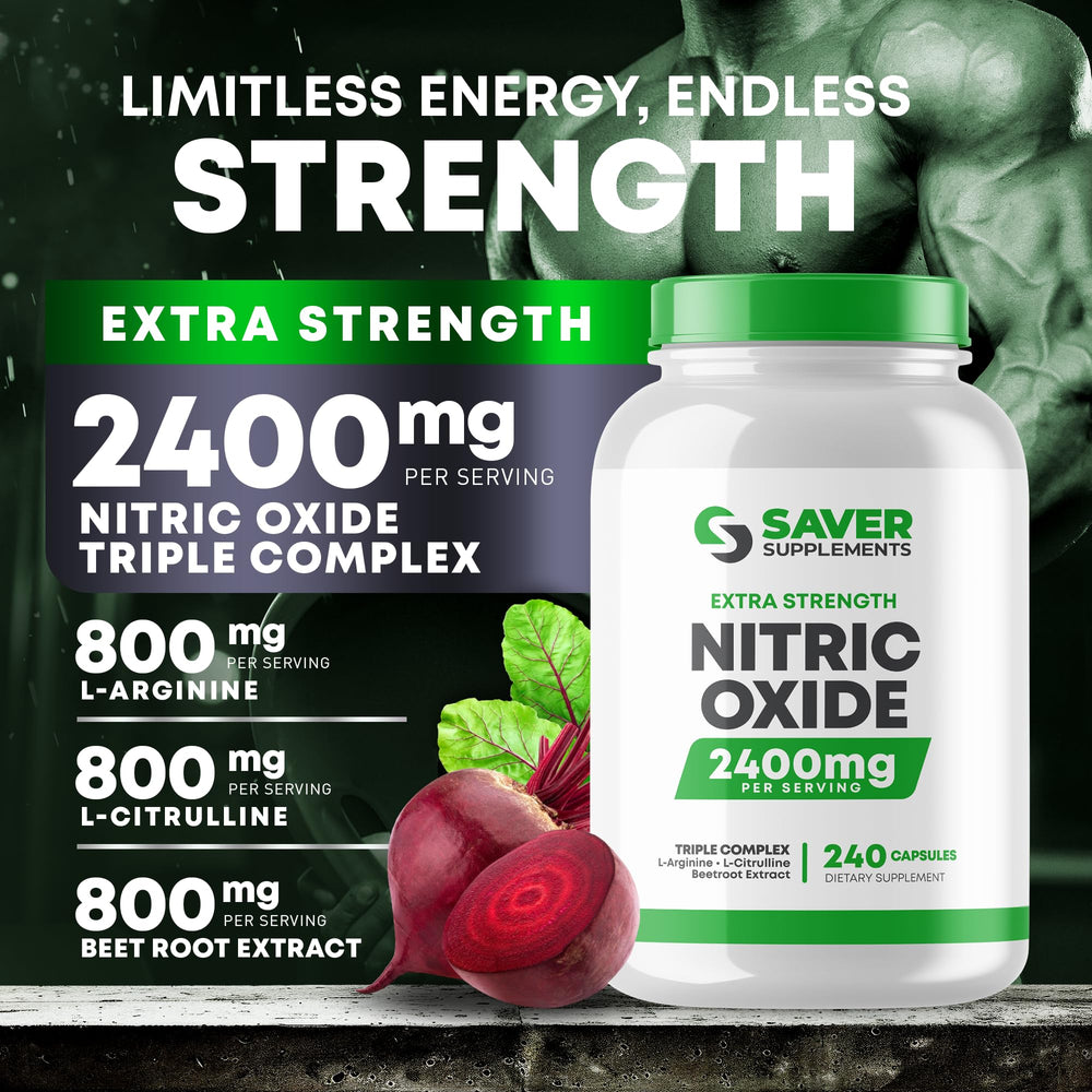 Saver Supplements Nitric Oxide bottle highlighting 800mg L-Arginine per serving