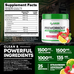 Saver Supplements pre-workout flavor strawberry lemonade close-up label