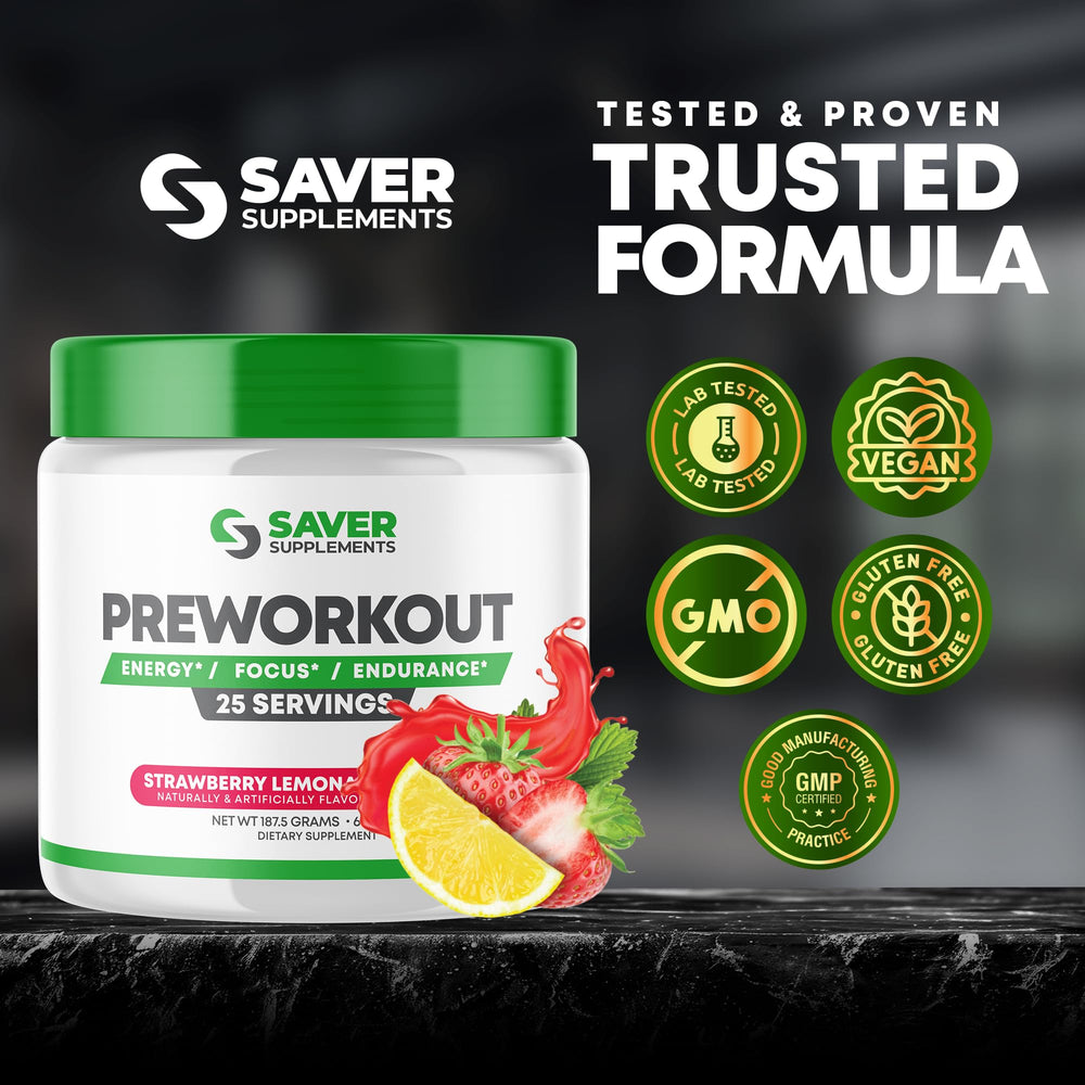 Saver Supplements pre-workout mixing setup with water and scoop