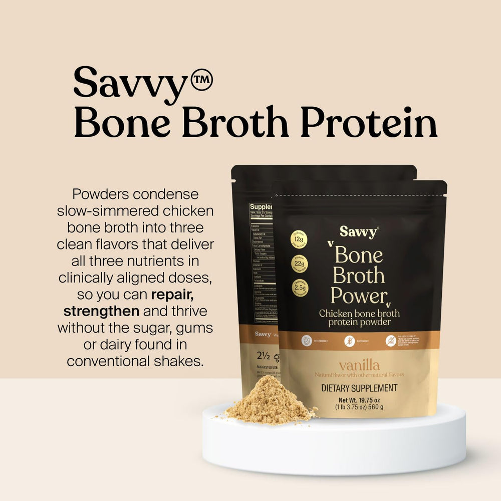 SAVVY Bone Broth Power vanilla ready-to-mix cup showcases convenient daily protein option.
