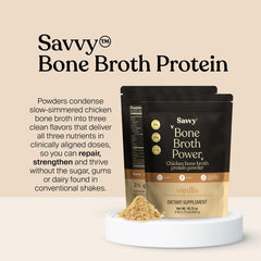 SAVVY Bone Broth Power vanilla ready-to-mix cup showcases convenient daily protein option.