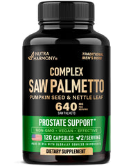 Bottle of Saw Palmetto for Men 640mg with pumpkin seed, nettle, zinc and pygeum – 120 capsules