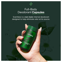 Close-up of Scentless capsules highlighting mint parsley chlorophyll ingredients