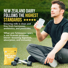 Schinoussa probiotic whey 8 strains badge—highlights probiotic gut health benefits.