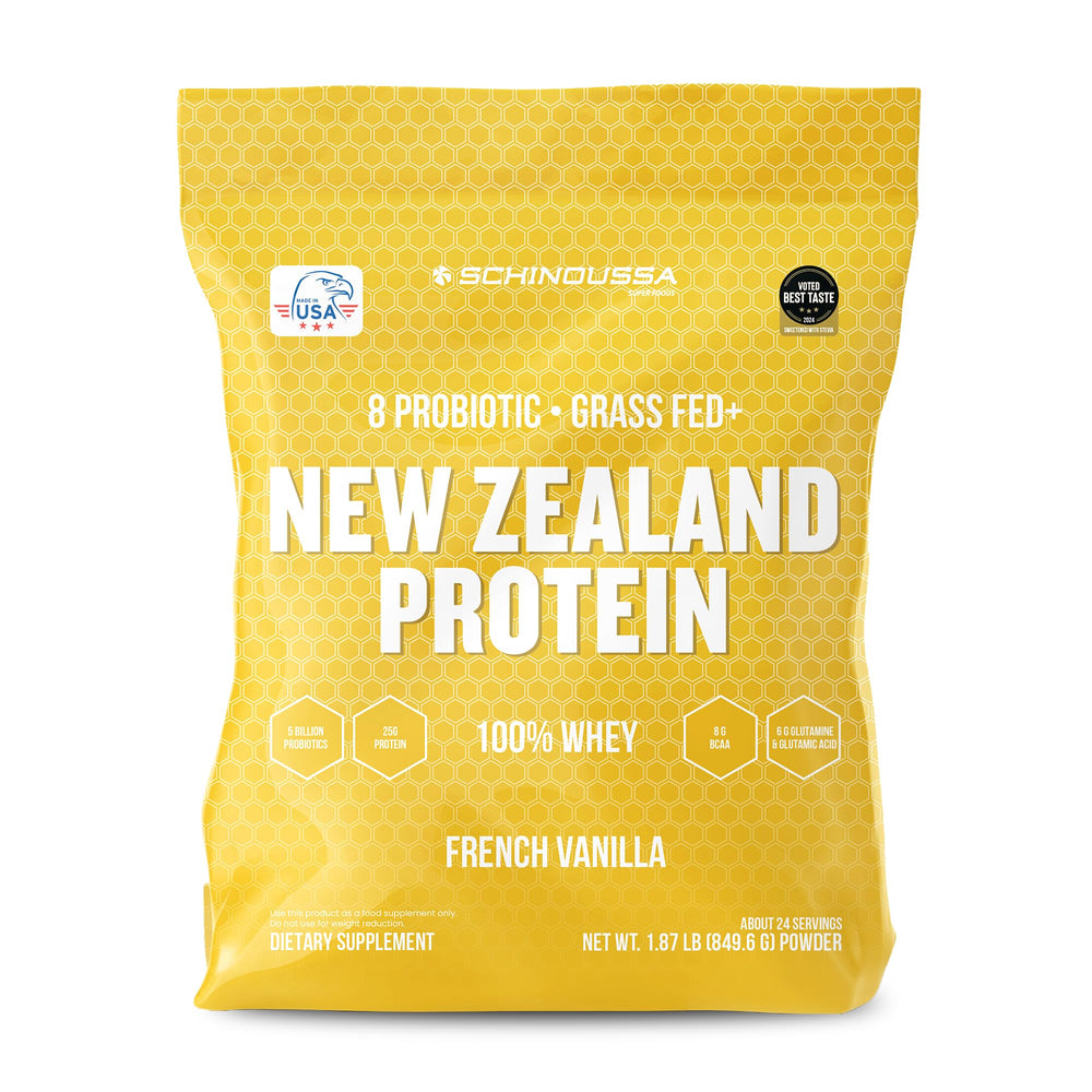 Schinoussa probiotic whey vanilla tub front—clean protein for post-workout recovery.