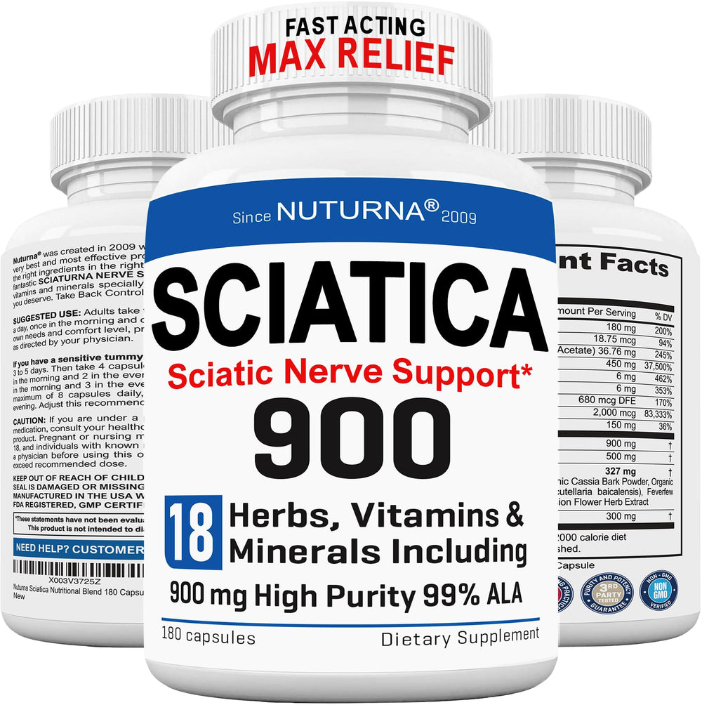 Sciatica nerve relief supplement bottle with 180 capsules