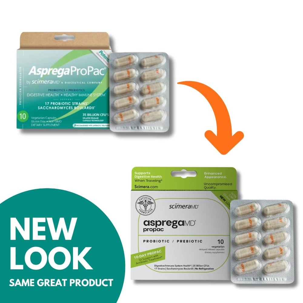 ScimeraMD Asprega ProPac probiotic bottle - back/label view