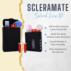 ScleraMate travel kit open showing compartments for vials and tools