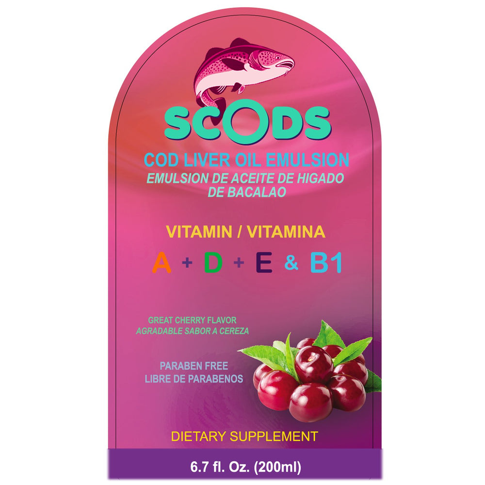 Cherry flavor Scods Emulsion bottle close-up