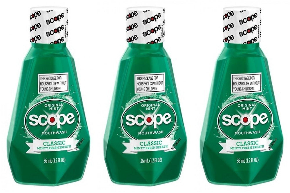 Scope Mouthwash Classic Original Mint travel-size bottle 1.2 oz, pack of 3