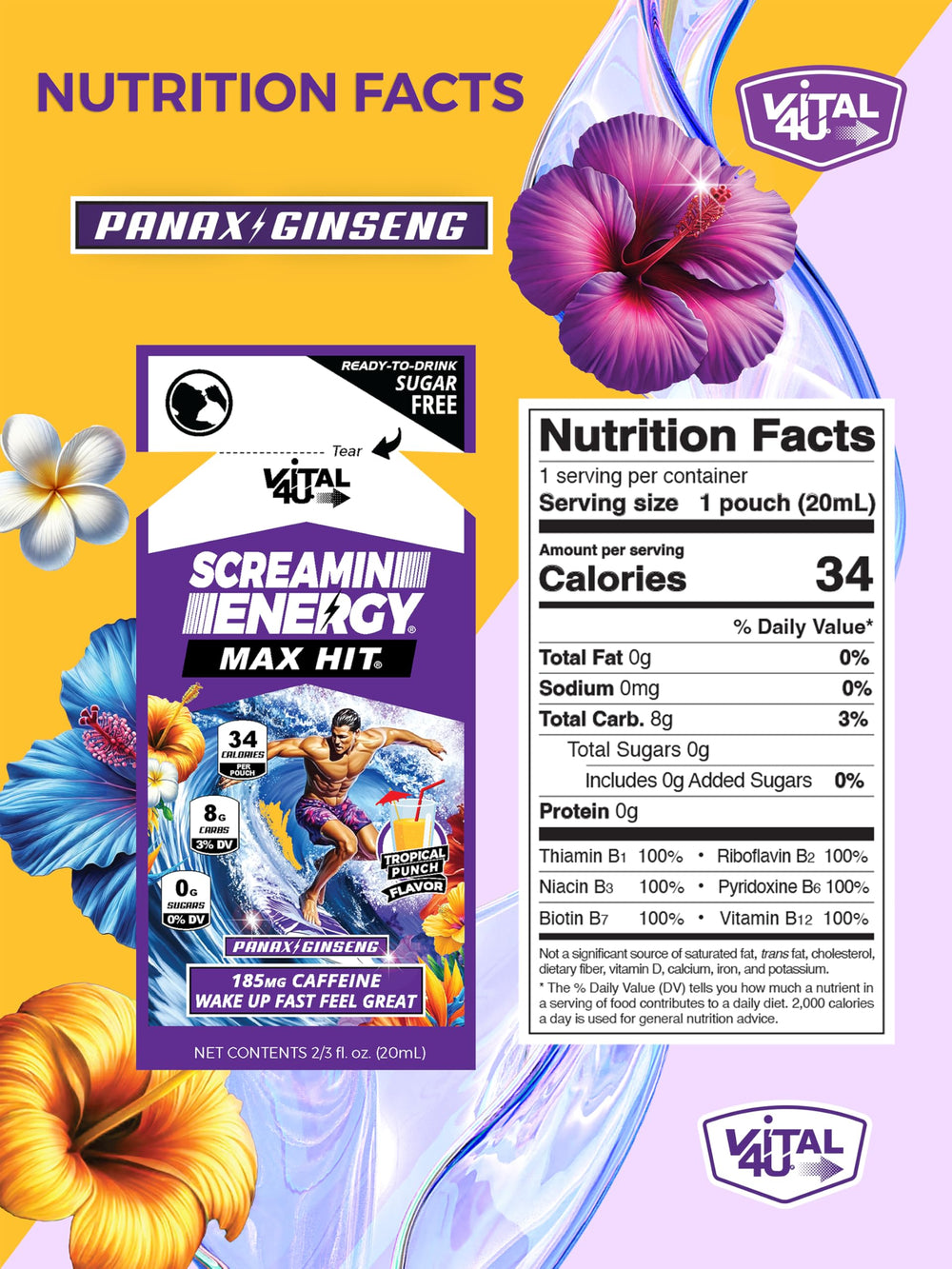 Side view of Screamin Energy Max Hit Tropical Punch bottle