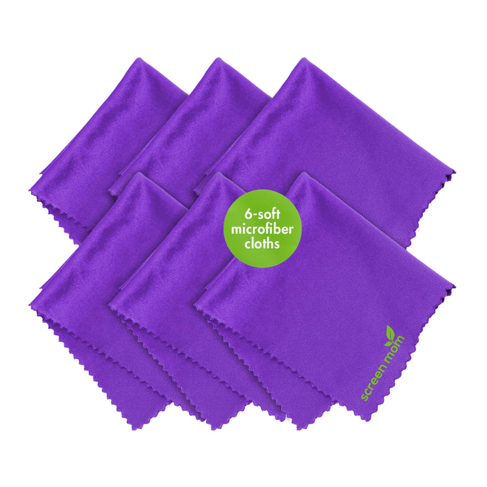 Six purple microfiber screen cleaner cloths laid out for electronics