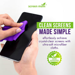Close-up of purple Screen Mom microfiber cleaning cloths