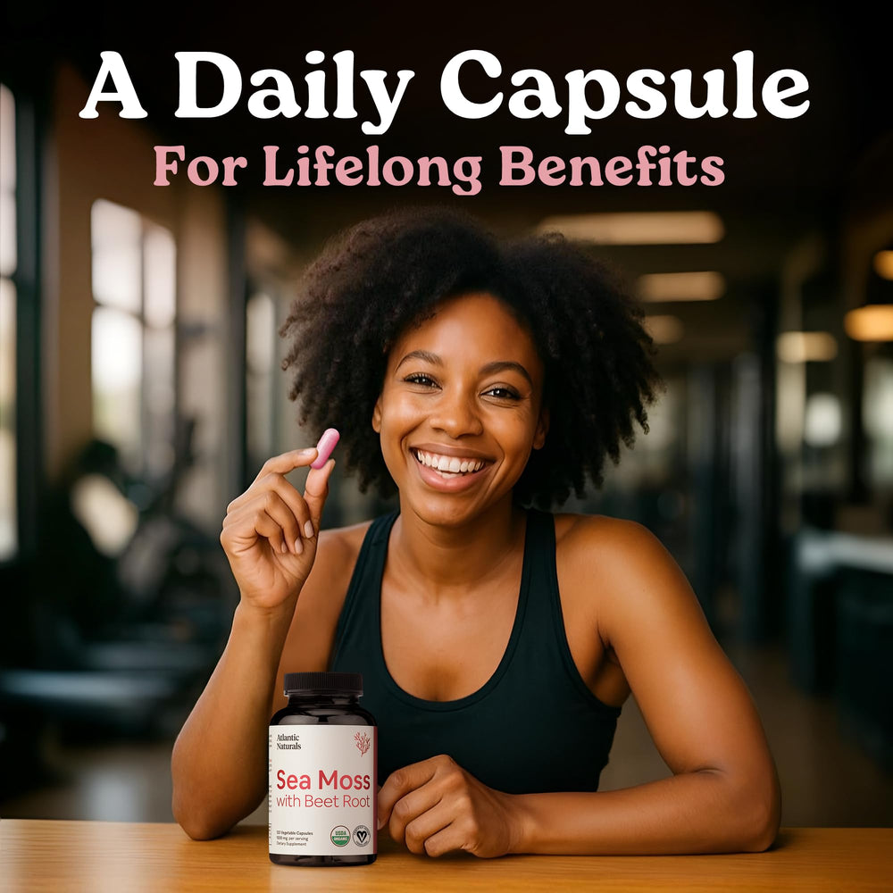 Packaging and bottle of Atlantic Naturals Sea Moss with Beet Root capsules