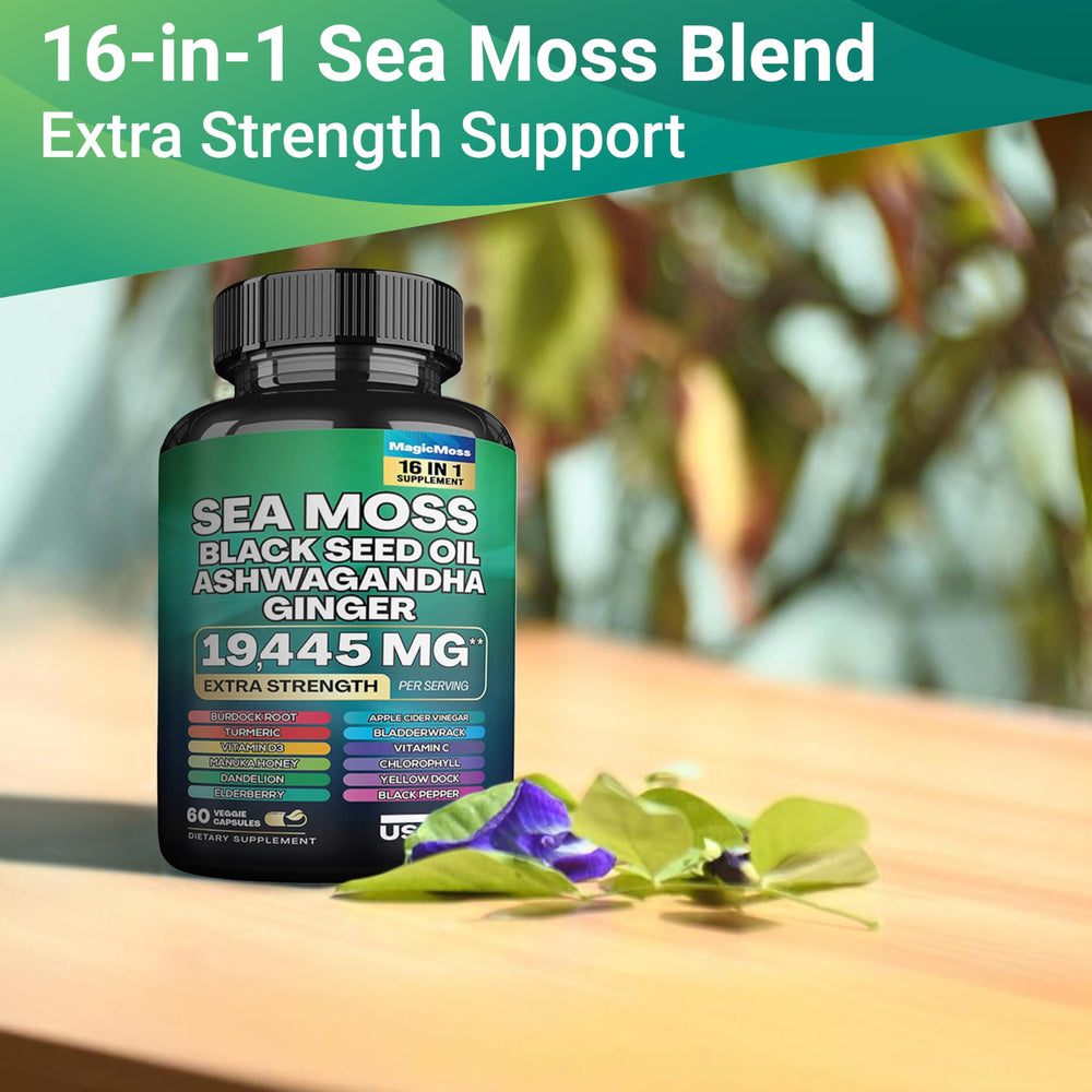 60 veggie capsules packaging for Sea Moss and herbal blend