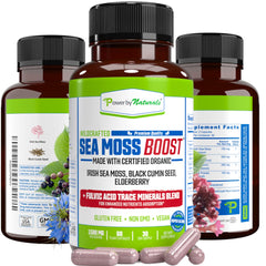 Sea Moss Boost bottle packaging close-up
