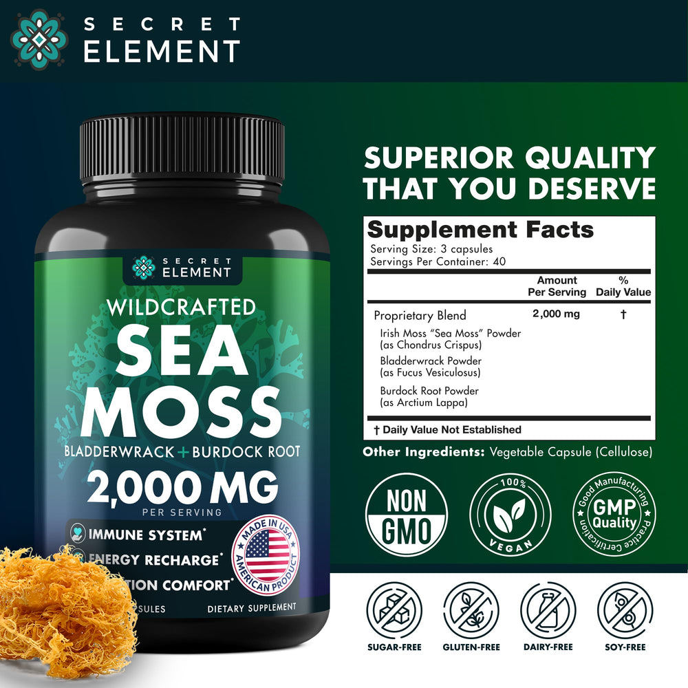 Raw sea moss powder next to capsules