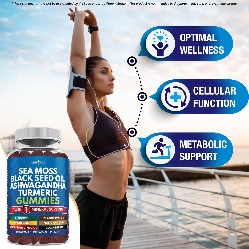 Close-up of Sea Moss Gummies ingredients: sea moss, black seed oil, ashwagandha, turmeric