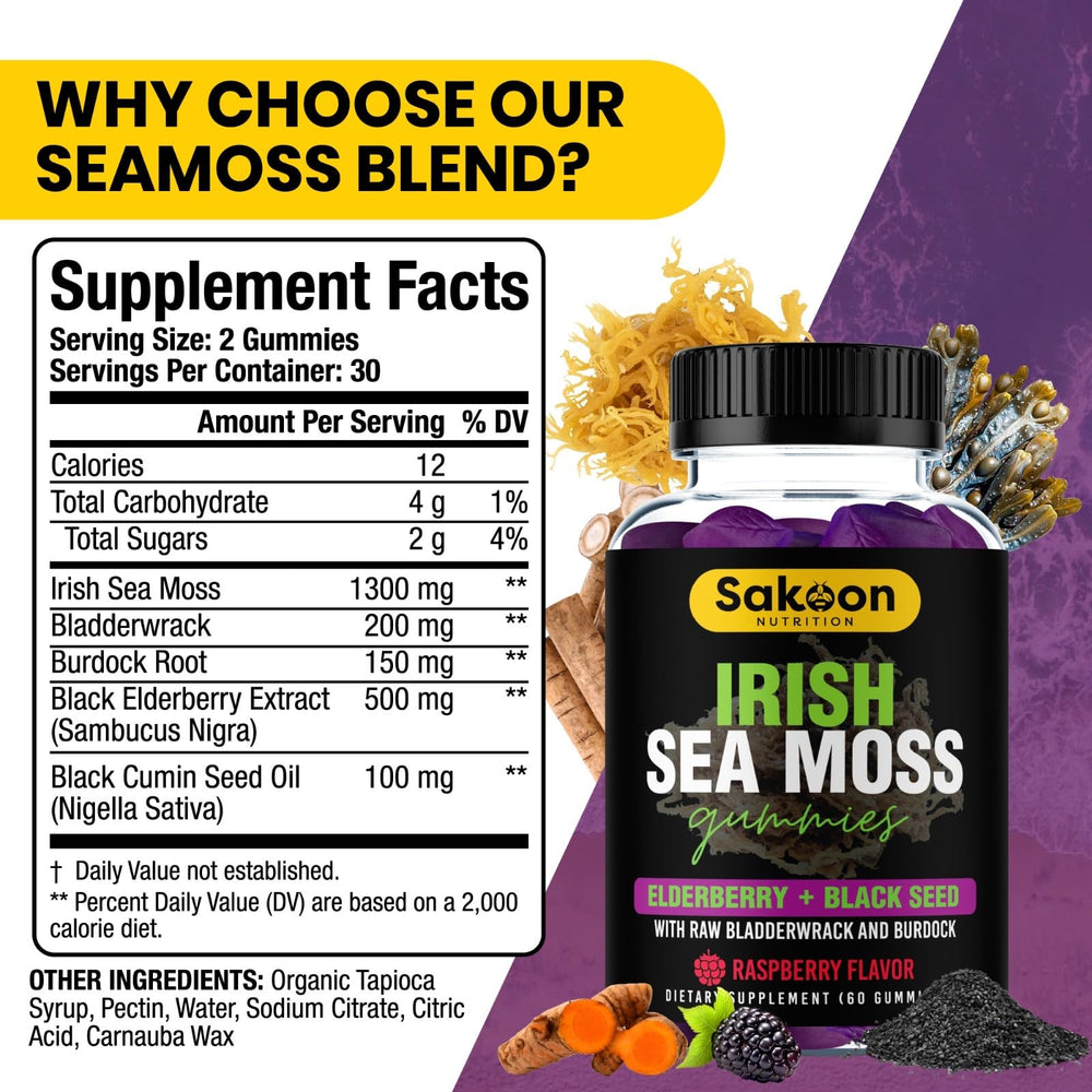 Packaging for 60 gummies of sea moss, elderberry and black seed oil