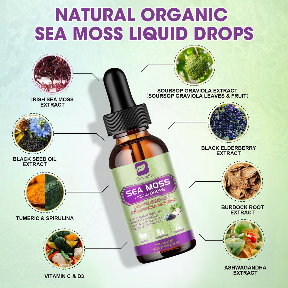 Ingredients layout showing Irish sea moss, black seed oil, soursop and ashwagandha