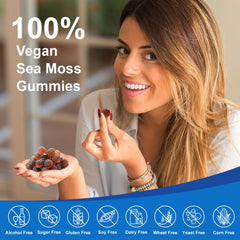 Sea moss gummies ingredients collage: Irish sea moss, black seed oil, ashwagandha