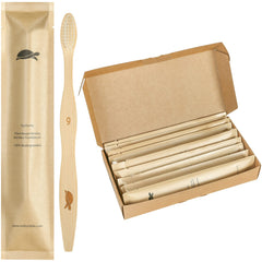 Sea Turtle Bamboo Toothbrushes 10-pack packaging and handle