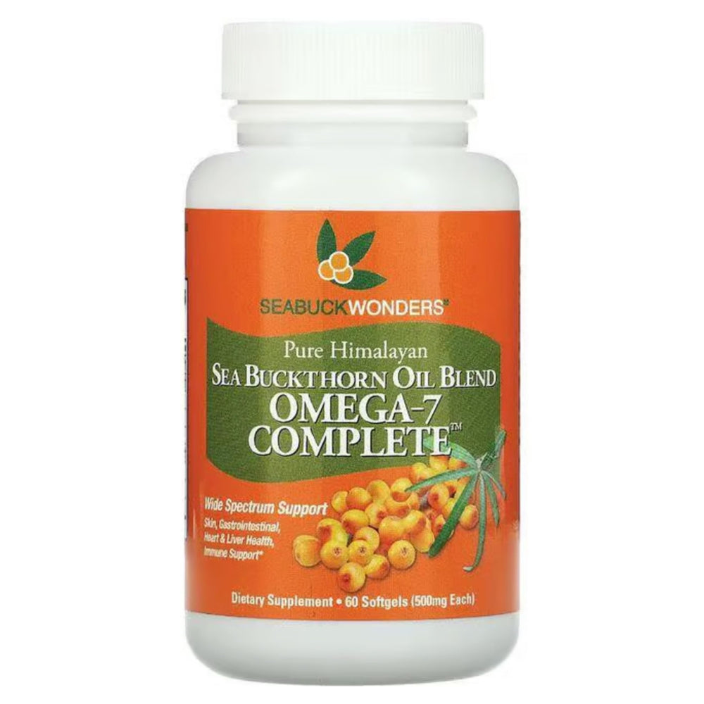Front view of SEABUCKWONDERS Organic Sea Buckthorn Oil Omega-7 Softgels bottle