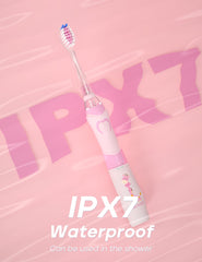 Packaging contents: toothbrush handle, eight replacement heads, cover, and manual