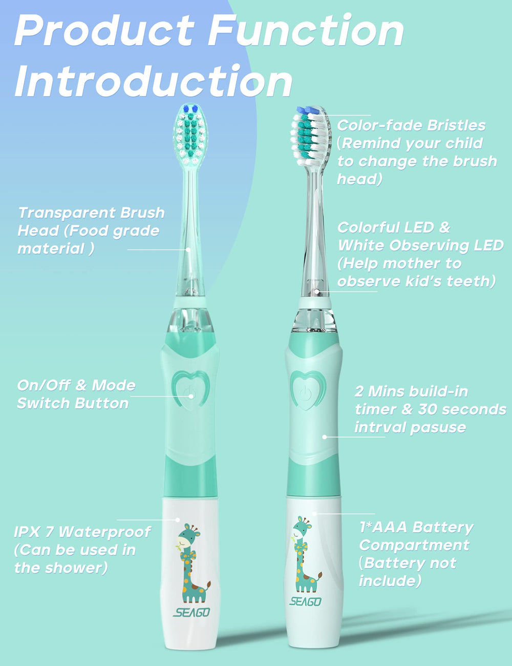 Blue SEAGO kids toothbrush packaging and accessories