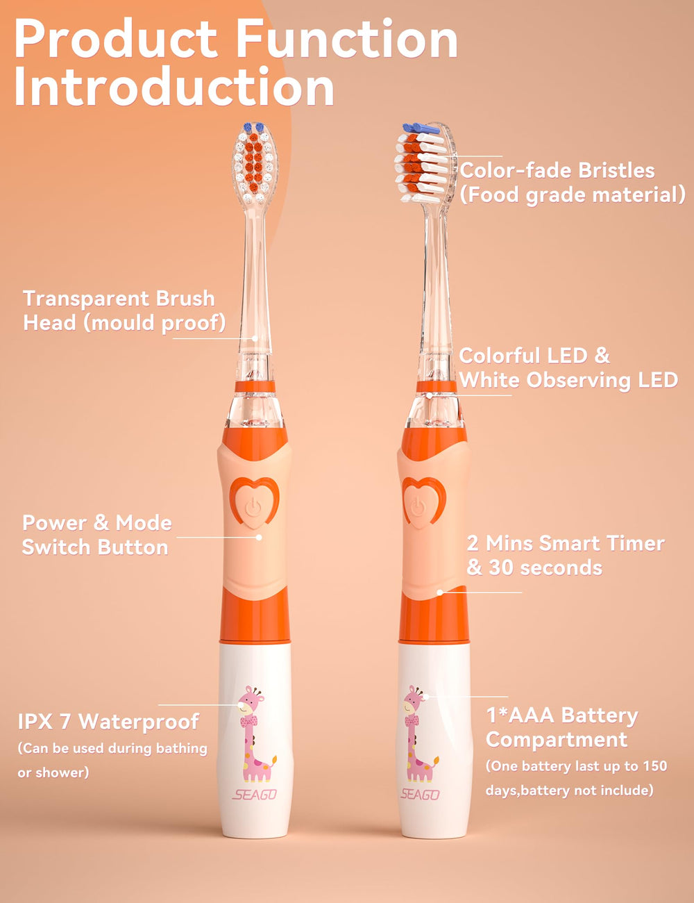 IPX7 waterproof design of SEAGO SG-977 kids toothbrush