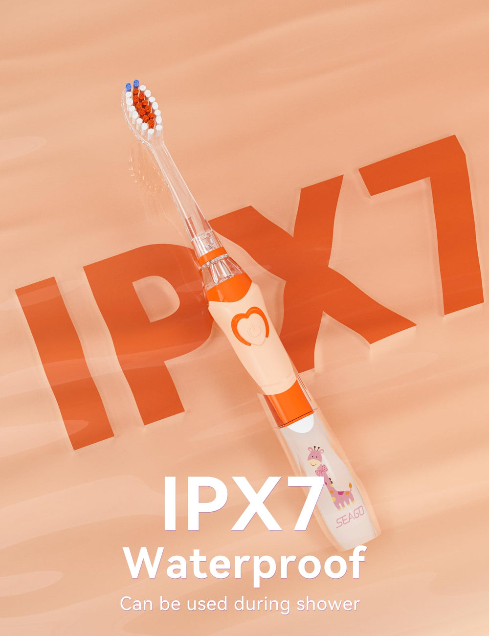Usage scene showing battery life for SEAGO SG-977 orange toothbrush