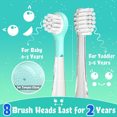 Small brush head for ages 0-3 and larger heads for 3-6