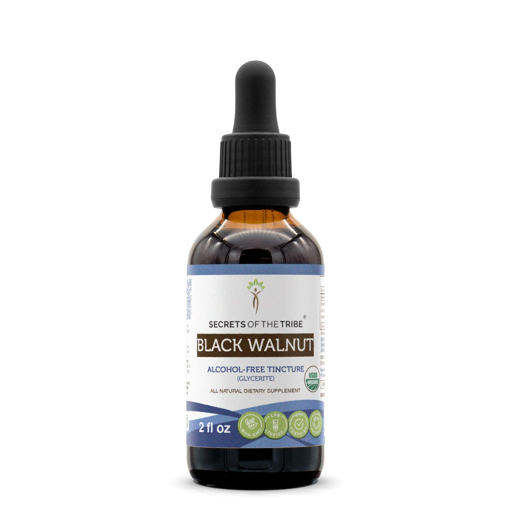 Front bottle label of Secrets of the Tribe Black Walnut USDA Organic alcohol-free extract