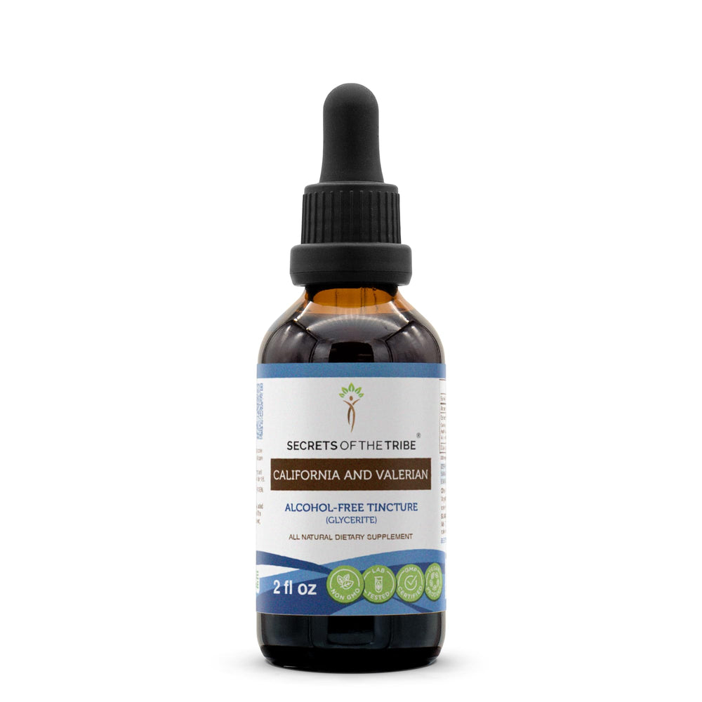 Product bottle and packaging for Secrets of the Tribe California & Valerian Tincture – 2 oz