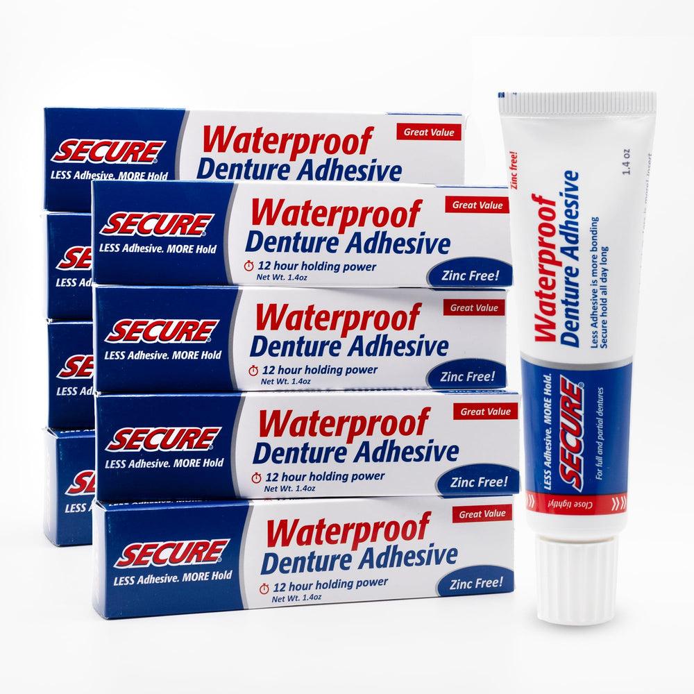 Pack of Secure Waterproof Denture Adhesive tubes (1.4 oz each) - 8 tubes