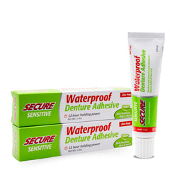 12-hour hold badge on Secure Denture Adhesive with Aloe Vera and Myrrh.
