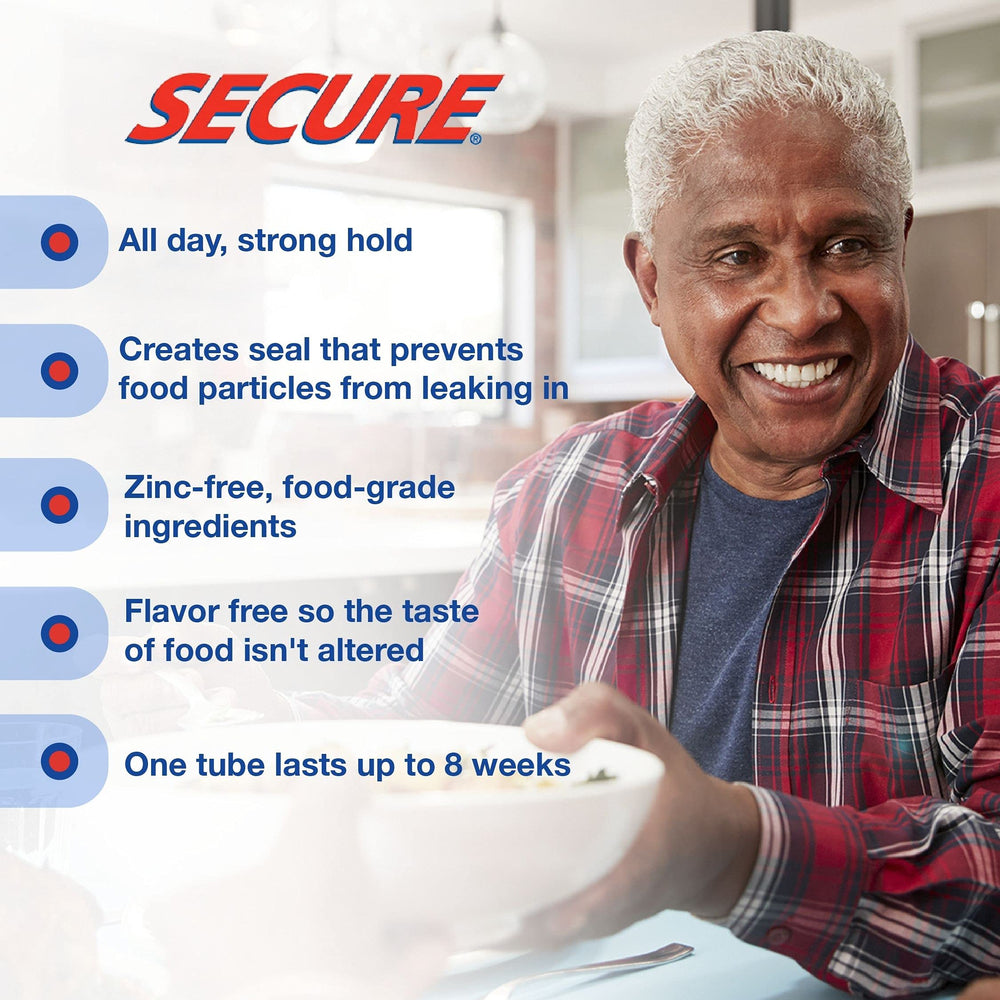 Uppers and lowers dentures secured with Secure Adhesive