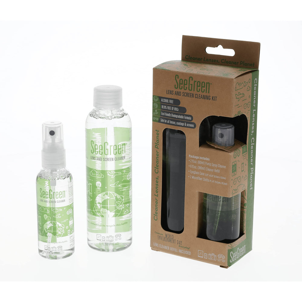 SEEGREEN Lens and Screen Cleaning Kit – 2oz spray cleaner, 6oz refill, and two RPET microfiber cloths (6x6 inches)