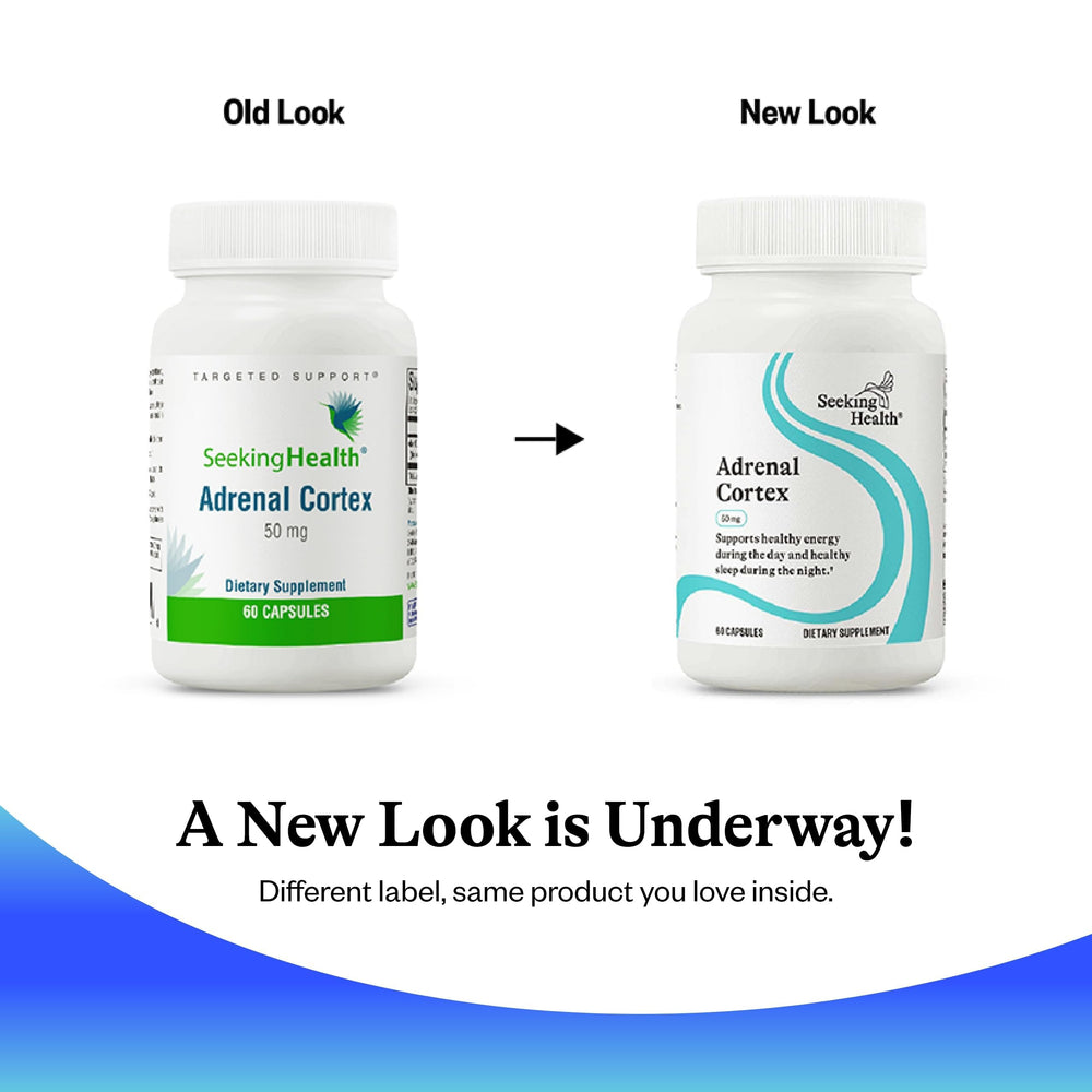 Label highlighting 50 mg per capsule and adrenal support