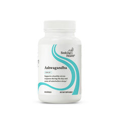 Bottle of Seeking Health Ashwagandha extract 467 mg with 5% withanolides, vegan 60 capsules