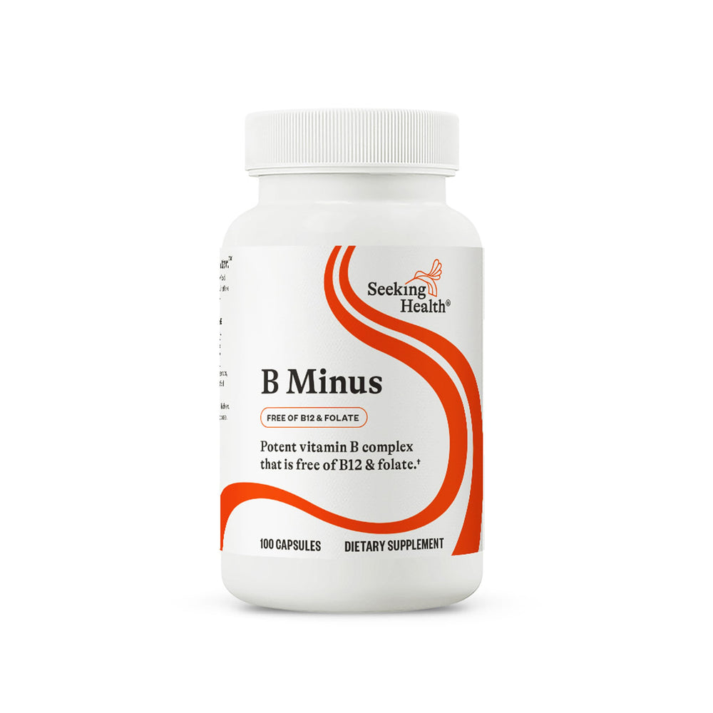 Front label of Seeking Health B-Minus vitamin B complex bottle
