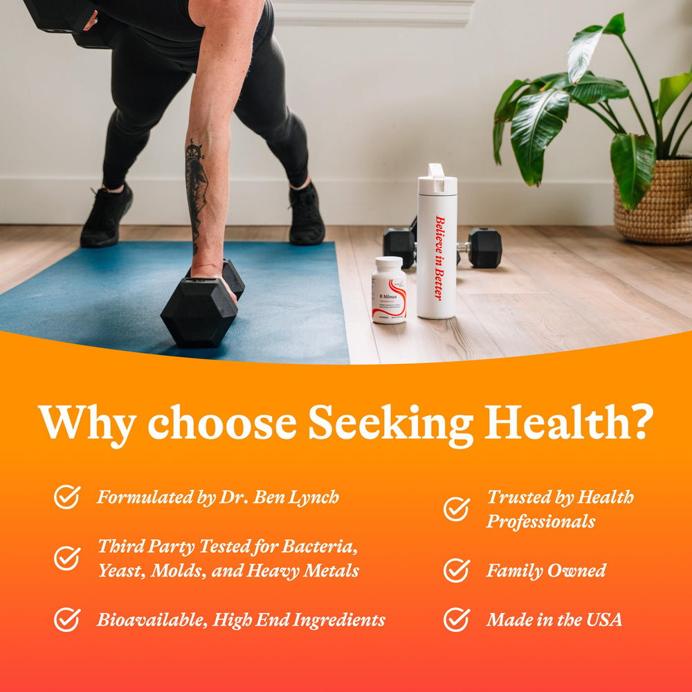 Sealed bottle of Seeking Health B-Minus on a white background