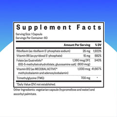 Close-up of bottle label showing L-Methylfolate and B vitamins