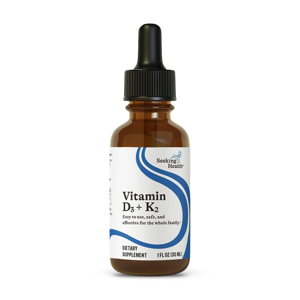 Bottle of Seeking Health Vitamin D3 + K2 Drops 1 fl oz (30 ml) with label visible