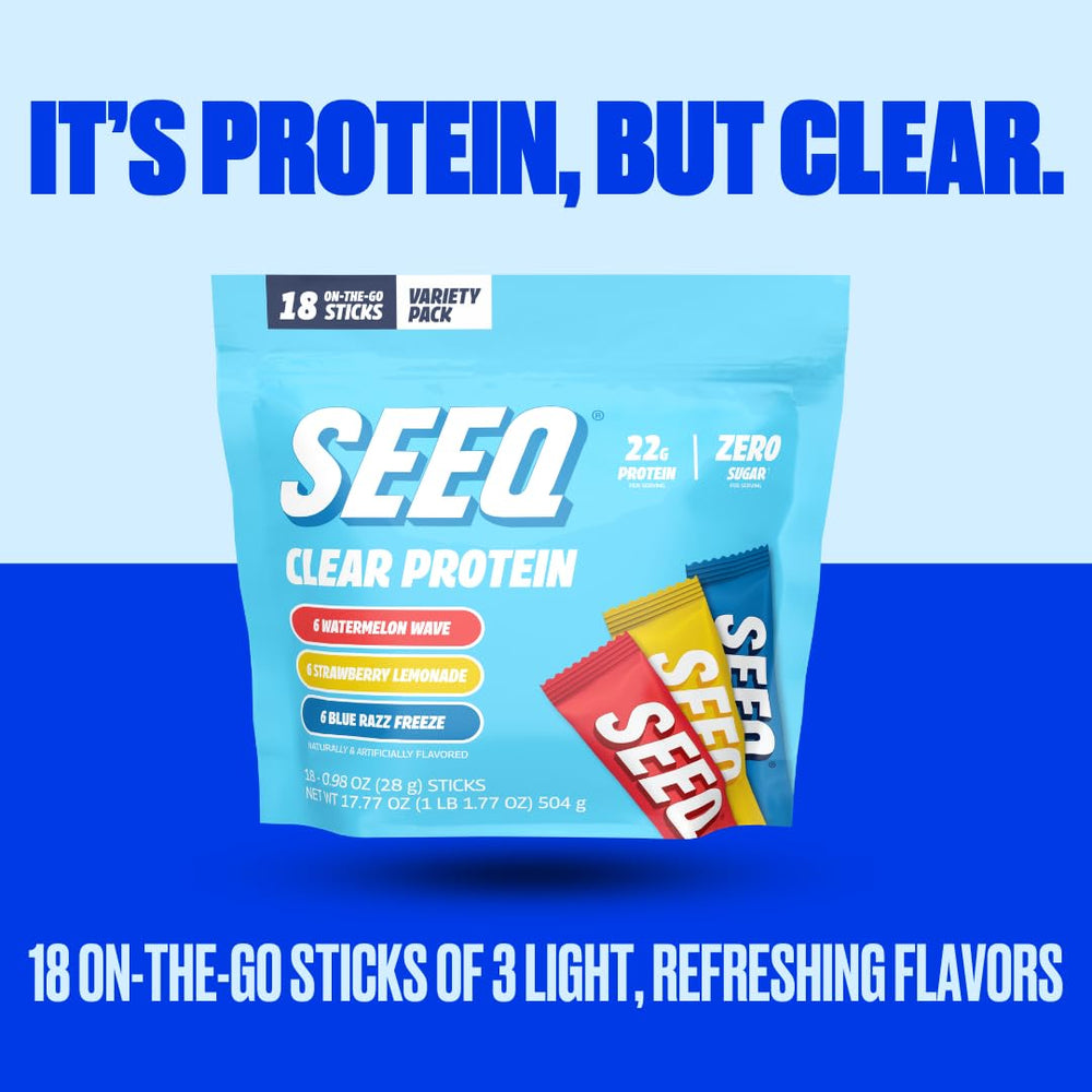 SEEQ Clear protein packaging and label details.