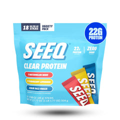 SEEQ Clear Protein Sample Pack with 18 on-the-go sticks, 22g each.