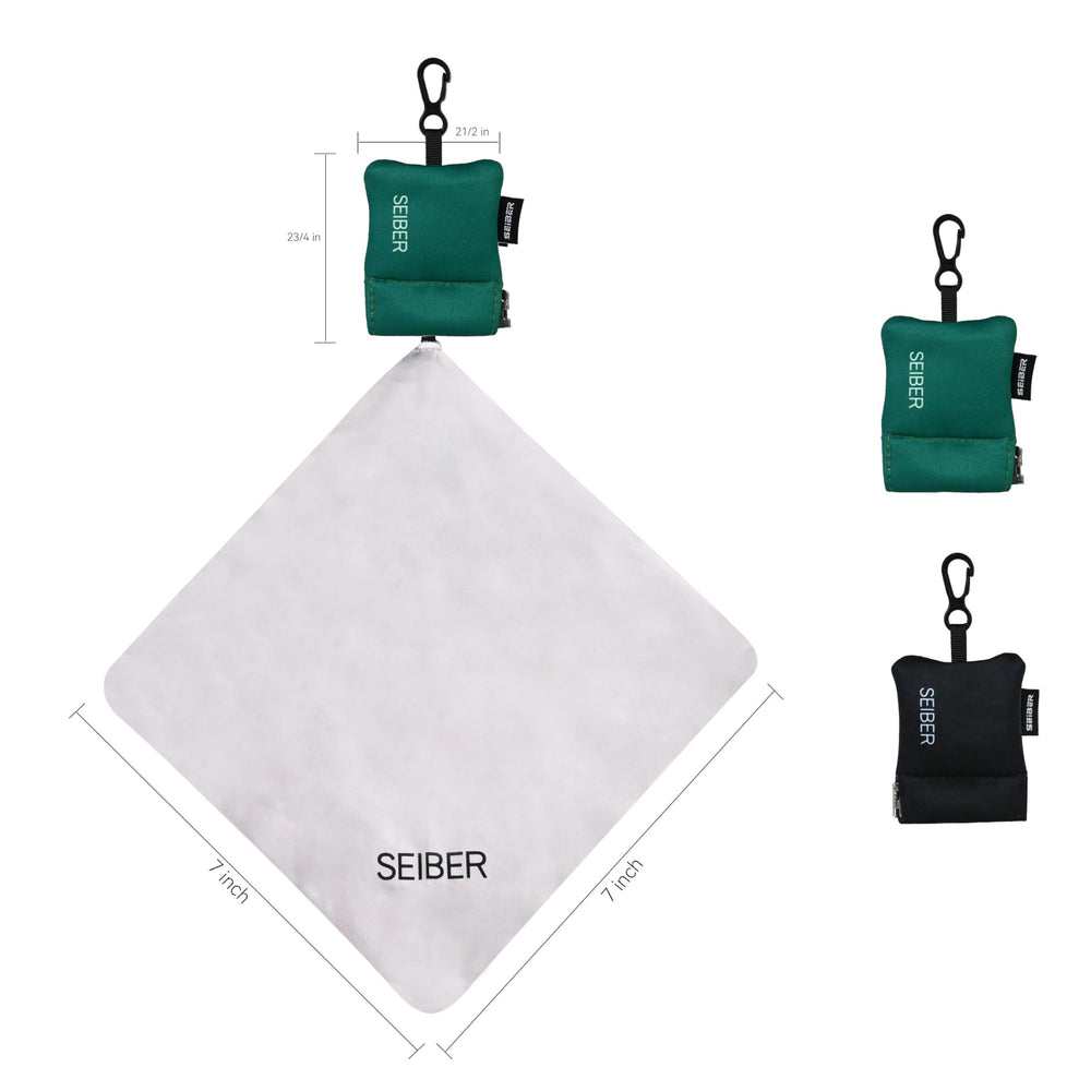 Microfiber cloth attached to a closable neoprene pouch with self-closing bottom